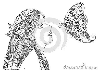 Zentangle Pretty Girl Looking At Flying Butterfly Design For Coloring