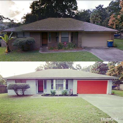 Ranch style white brick ranch house. whitewash brick, before after, update ranch renovation ...