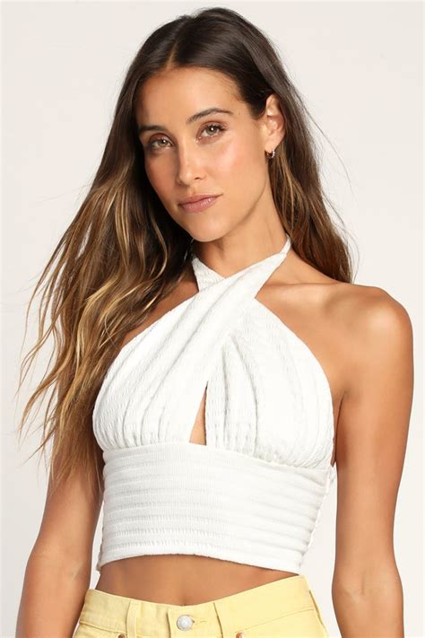 White Smocked Top Cropped Halter Top Cross Front Halter Top Lulus