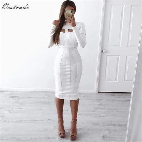 ocstrade women white bandage dress bodycon 2019 new arrivals sexy cut out high neck long sleeve
