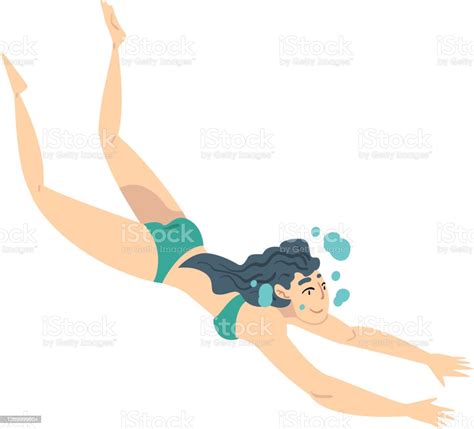 Su Altında Yüzen Güzel Kadın Yeşil Mayolu Kız Spor Etkinlikleri Su Yüzme Sporları Karikatür