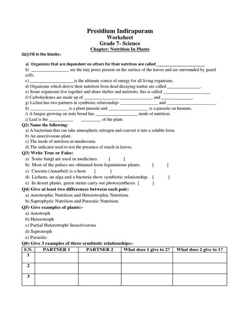 Grade 7 Student Worksheet 1 Ch 12 Nutrition In Plants And Animals