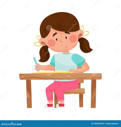 Girl Character Sitting At Table Doing Her Homework Vector Illustration