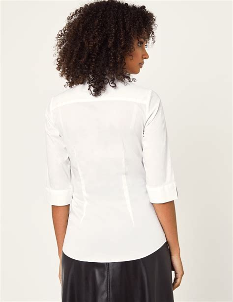 Womens White Fitted 3 Quarter Sleeve Cotton Shirt Low Collar Hawes