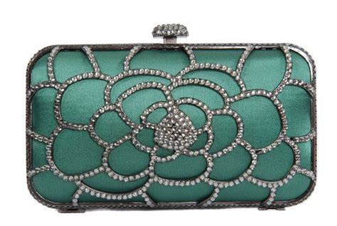 Emerald Green Satin Box Clutch Handbag Minaudiere Pod Style Bag With