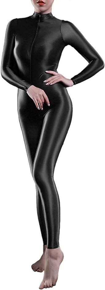 Tiaobug Womens One Piece Oil Shiny Long Sleeves Double Zipper Smooth