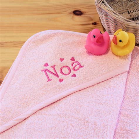 Personalised Baby Hooded Towel Pink Baby Towel Embroidered Hearts