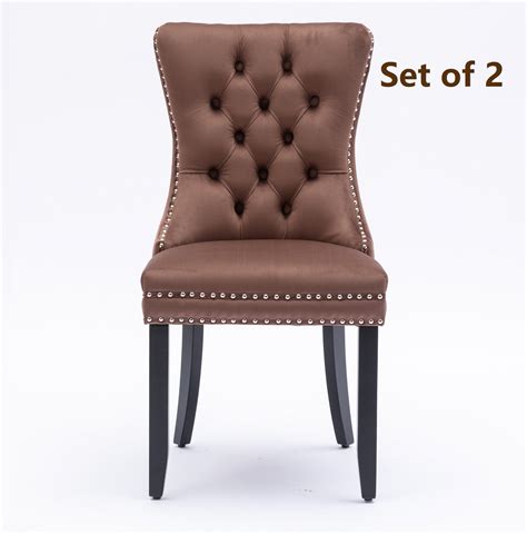 Set Of 2 Velvet Fabric Dining Chairs Luxury Tufted Back With Nailed Trim And Back Ring Pull Home