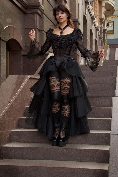 Black Gothic Wedding Dress Ruffle Skirt Tight Lacing Corset Etsy