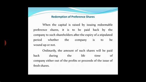 Preference shares form a part of the share capital, but their holders do not possess the same status as ordinary shareholders. Redemption of Preference shares Basics - YouTube