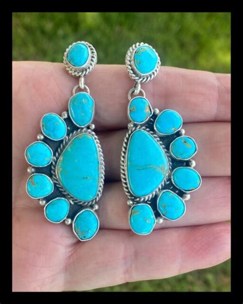 Navajo Large Kingman Turquoise Ss Half Cluster Earrings Bernita