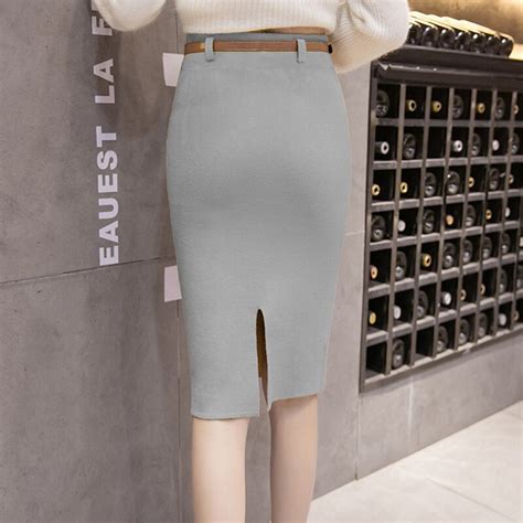 Sexy Split Package Hip Skirts With Belt For Women Skirts Fashion Knitted Midi Pencil Skirt