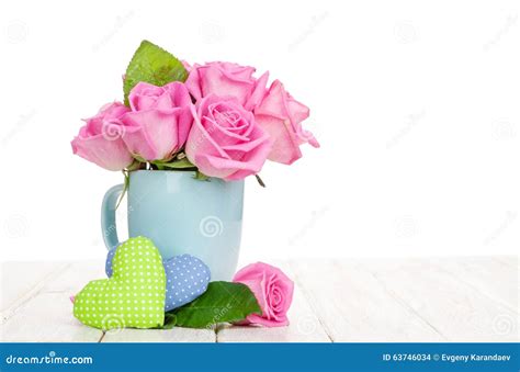 Valentines Day Pink Roses Bouquet And Handmaded Toy Hearts Stock Photo