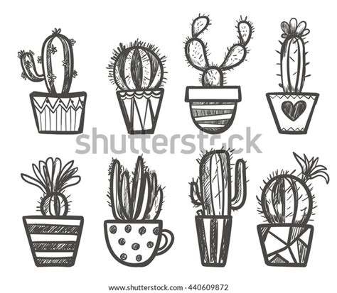 Hand Drawn Set Cactus Pots Isolated Stock Vector Royalty Free 440609872