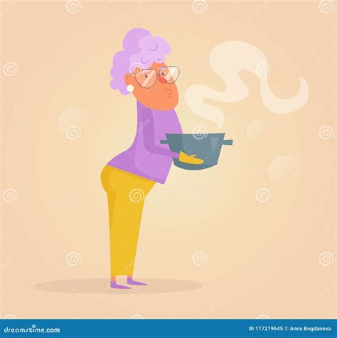 Grandma Cooking Cartoon Of An Old Granny Holding A Pan