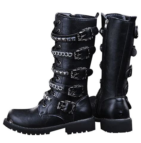 Punk Rock Men S Chain Metal Studded Mid Calf Motorcycle Boots In 2021