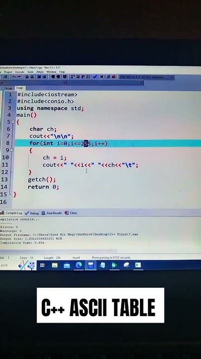 C Program To Print Ascii Table Using Classes Short Video Learncoding