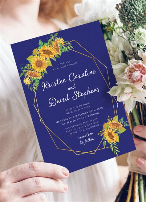 Download Printable Royal Blue Sunflower Wedding Invitation Pdf