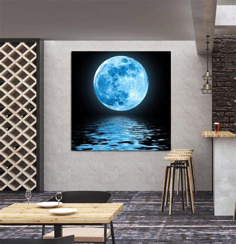 Full Blue Moon Over Water With Reflections Creative Picture Etsy