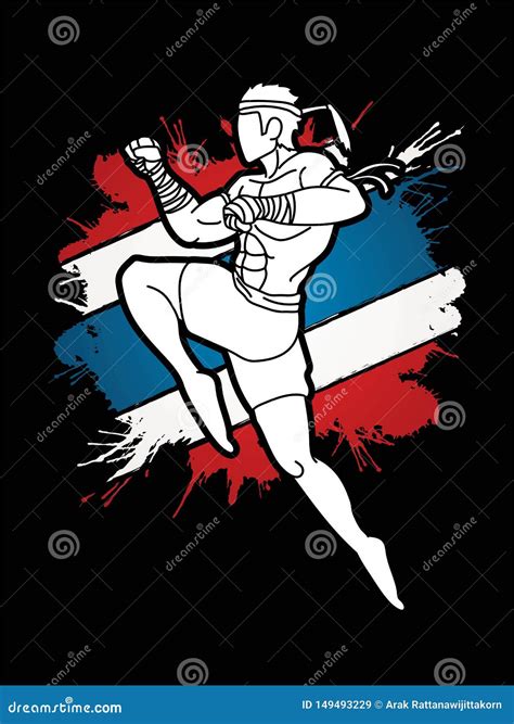 Muay Thai Action Thai Boxing Jumping To Attack Cartoon Graphic Stock