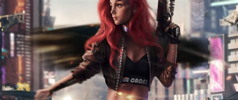 Download 2560x1080 Wallpaper Cyberpunk 2077 Redhead Woman Art Dual