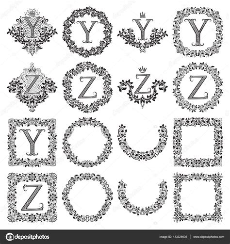 Vintage Monograms Set Of Letters Y Z Heraldic Coats Of Arms Symbols