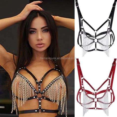 sexy leather harness body chain bikini bra goth punk rock bondage chest belt with chain tassel