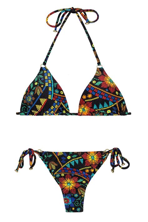 multicolour printed triangle bikini with small side rings bordado cheeky rio de sol