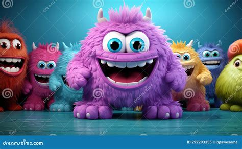 gang of furry cute cartoon monster mascot characters colorful 3d monsters generative ai stock