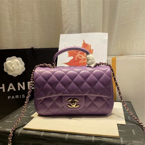 Chanel As2431 Mini Flap Lambskin Bag With Top Handle Purple Bright Gold