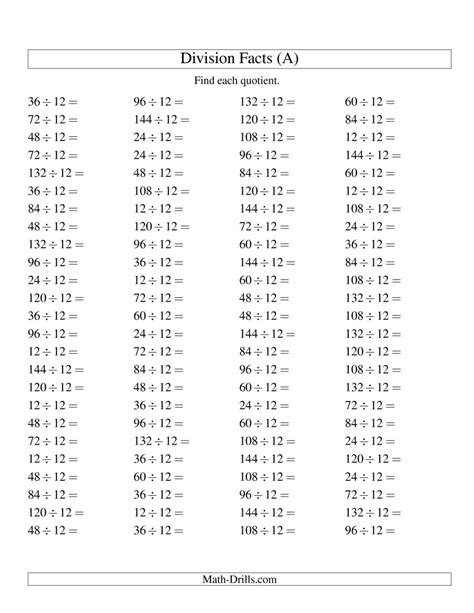 The Vertically Arranged Division Facts To 100 A Math Worksheet