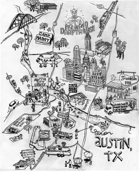 Drawing Of An Illustrated Map Of Austin Tx Illustrated Map Texas
