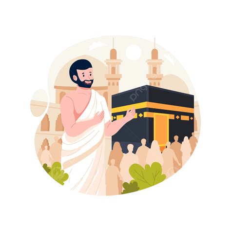 イスラム教巡礼巡礼イスラム教徒の男性はフラット スタイルのカーバ神殿の背景ベクトル図とイフラームの服を着ていますイラスト画像とpngフリー素材