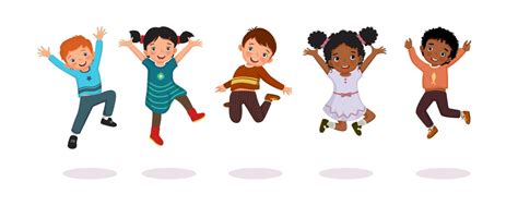 Group Of Happy Kids Jumping Together Joyfully With Hands Raising Up In