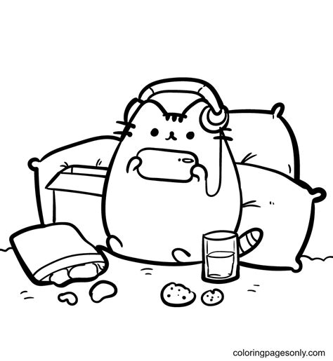 Pusheen With Favorite Snacks In Chair And Have Some Fun Play Phone