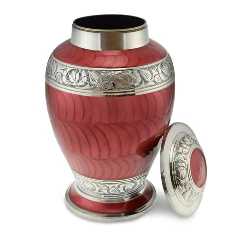 Adult Brass Cremation Urn Classic Red Bands In Nickel And Silver