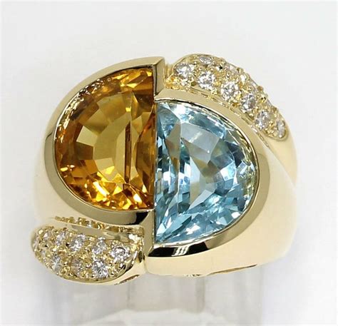 Details About Diamond Citrine Topaz Ring K Yellow Gold Half Moon Vs Round Brilliant C Sz
