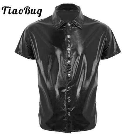 Tiaobug Men Black Patent Leather Shirt Tops Short Sleeve Press Button