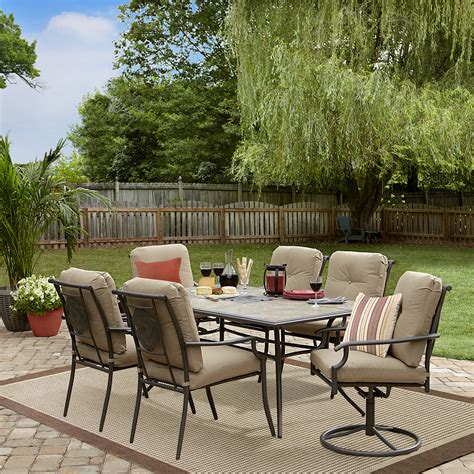 Genuine teak wood patio dining sets at seven seas teak incorporate complete sets of table and chairs at unbeatable low prices. Garden Oasis Brookston 7-Piece Dining Set - Stone