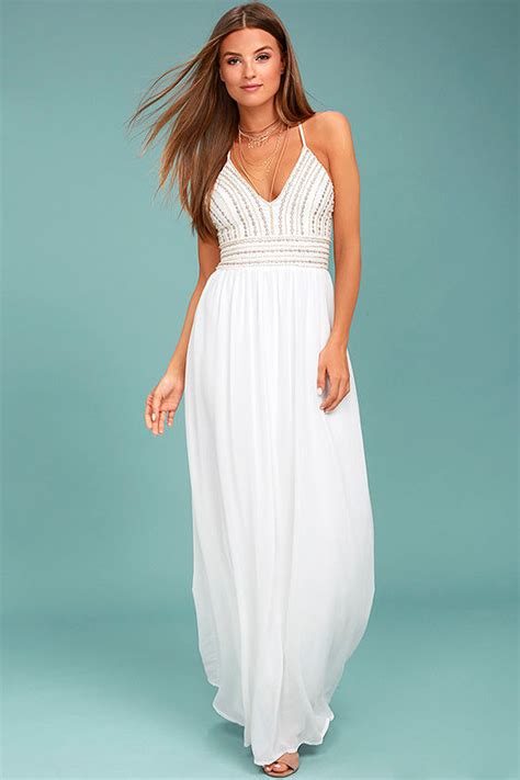 Stunning White Maxi Dress Embroidered Maxi Dress Beaded Maxi Dress