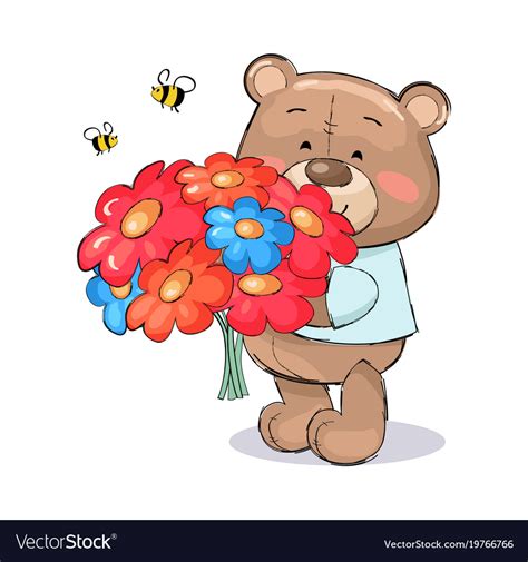 Teddy Bear With Bouquet Colorful Flowers Cartoon Vector Image