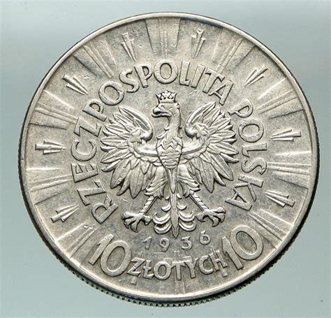 1936 Poland Leader Jozef Pilsudski Eagle Vintage Silver 10 Zlotych Coin