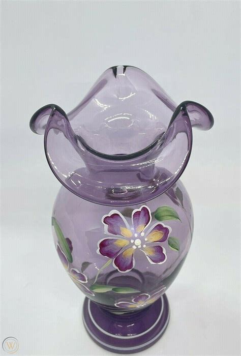 Fenton Amethyst Purple Vase Handpainted Ruffled Signed M Caplinger Violets Euc 3919515873