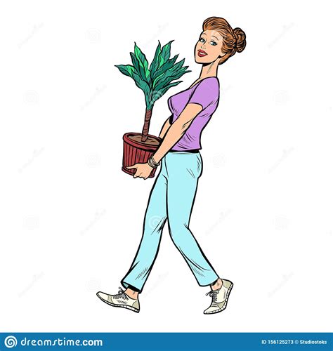 A Woman Carries A Pot With A Potted Plant Stock Vector Illustration