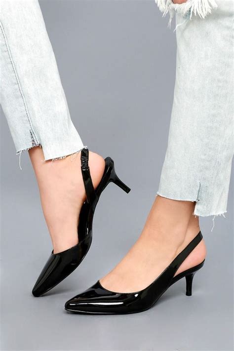 Vera Black Patent Slingback Kitten Heels Black Sandals Heels Heels