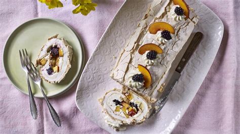 Rolled Pavlova With Peaches And Blackberries Recipe Bbc Food