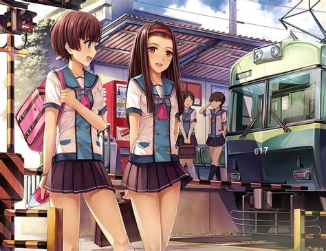 Hd Wallpaper Anime Girls School Uniform Train Railway Crossing