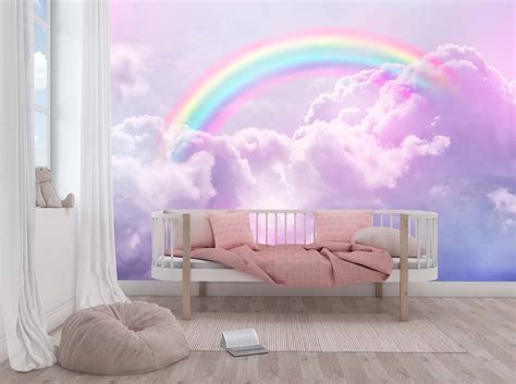 Cloud With Rainbow Wallpaper Purplish Sky Wall Mural Nursery Etsy