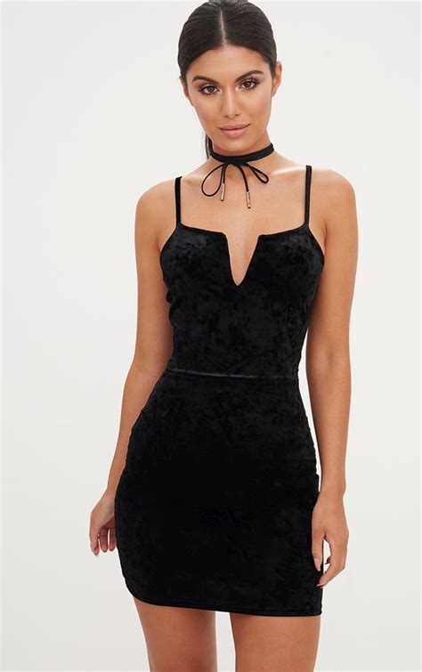 Black Crushed Velvet Strappy Plunge Bodycon Dress Velvet Dress Short