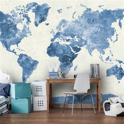 watercolor world map in blue wall mural watercolor world map etsy wall wallpaper wallpaper